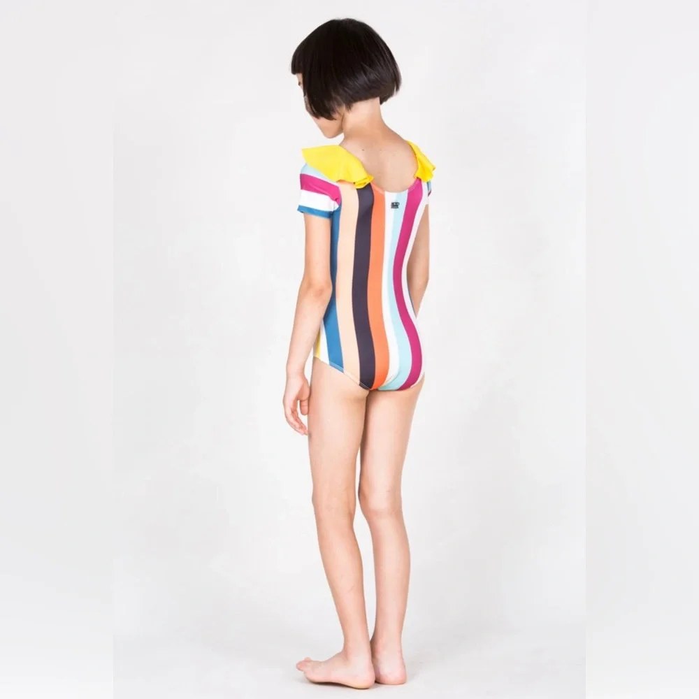 Girls' Multicolor Striped One-Piece Swimsuit with Yellow Peter Pan Collar